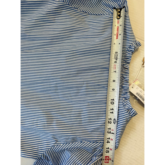 J.Crew Blue White Ruffle Neck Tiered Popover Dress Size Medium Petite Spring NWT - Picture 7 of 10